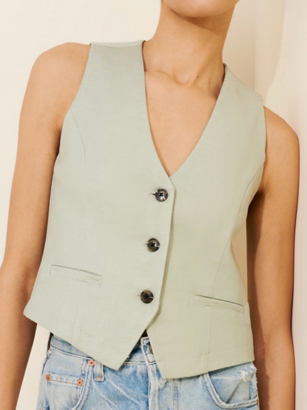 Sleeveless V-Neck Tailored Vest in Pale Sage by Maeve/Anthropologie